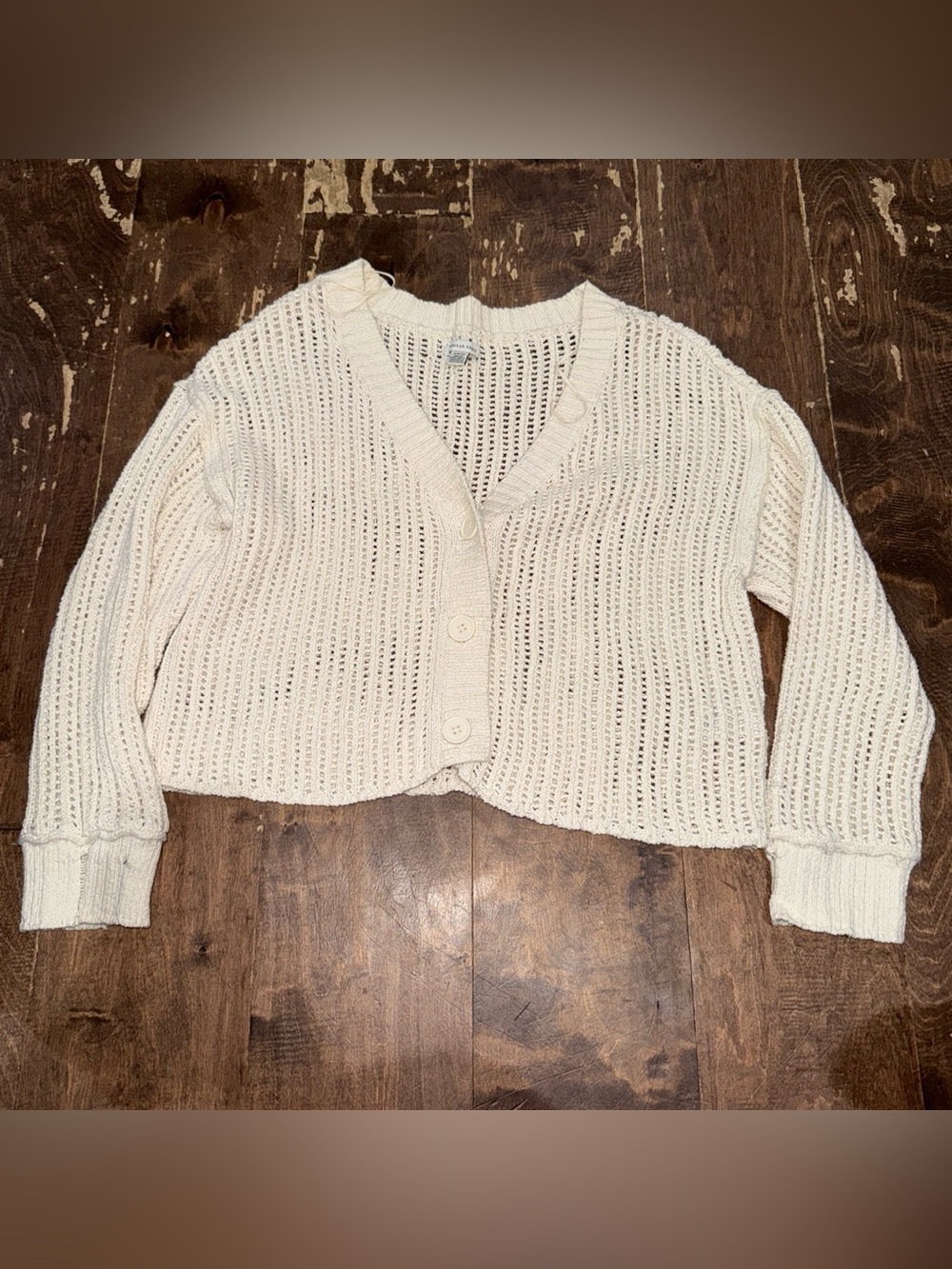 American Eagle Outfitters Cream Open-Knit Button Cardigan